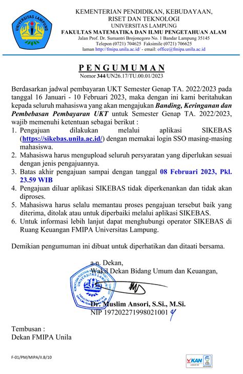 Pengajuan Banding Keringanan Dan Pembebasan Pembayaran Ukt Semester