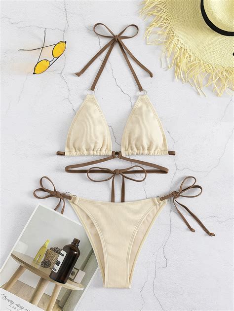 Bikini à détail anneau ras du cou micro triangulaire à nœud Mode en