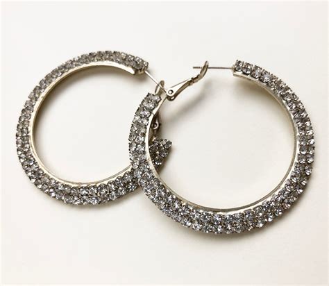 Large Crystal Hoops Earrings Silver Wide Clear Rhinestone Etsy