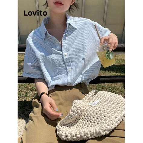 Lovito Casual Striped Button Front Pocket Pattern Blouse For Women