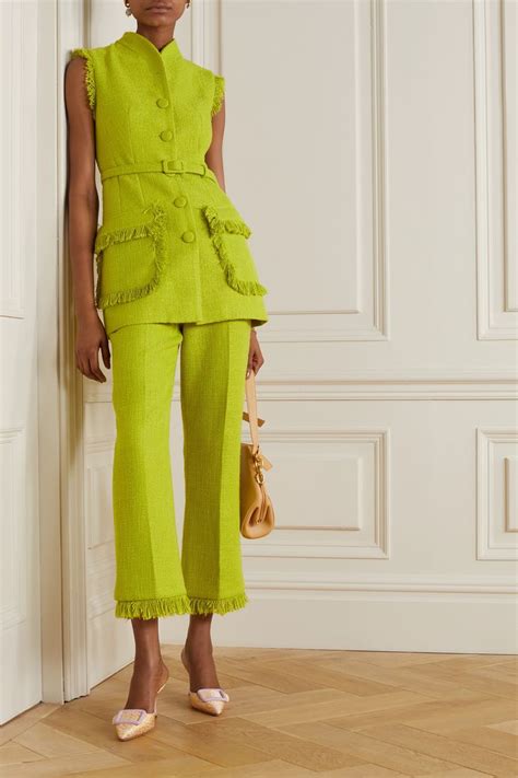 Lime Green Beverly Cropped Fringed Tweed Flared Pants HUISHAN ZHANG