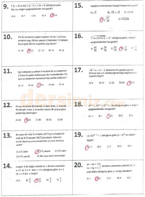 9 Sınıf Matematik Dersi 2 Dönem 1 Yazılı Sınav Soruları Ve Cevapları