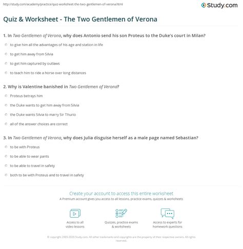 Quiz Worksheet The Two Gentlemen Of Verona Study