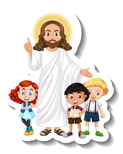 Jezus Christus Met Kinderen Groep Sticker Op Witte Achtergrond Gratis