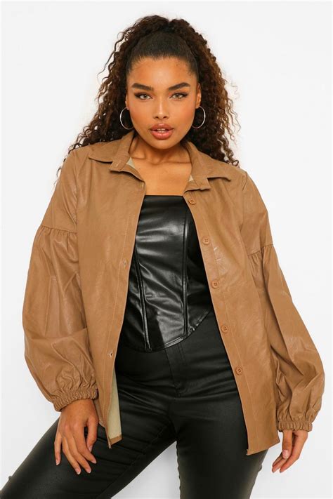 Womens Beige Plus Leather Look Puff Sleeve Shirt Boohoo Uk