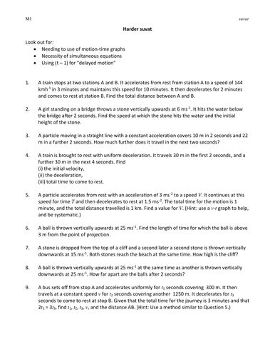 A Level Maths Mechanics Harder Suvat Worksheet Teaching Resources