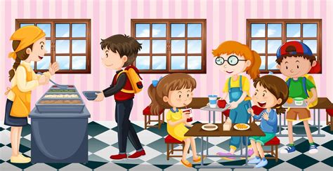 Kids eating lunch at the canteen 455538 Vector Art at Vecteezy