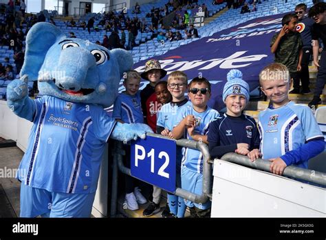 Coventry City mascot Sky Blue Sam with fans before the Sky Bet ...