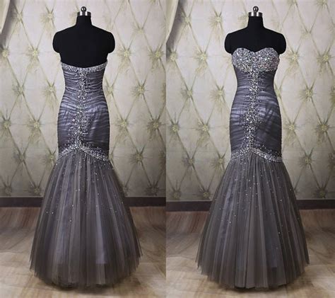 Gorgeous Mermaid Strapless Charcoal Gray Tulle Beaded Prom Dress