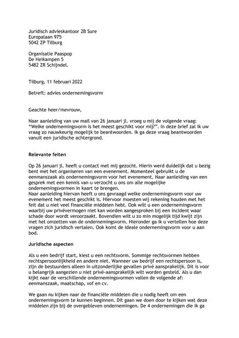 Adviesbrief Meest Gepaste Ondernemingsvorm Juridisch Advieskantoor 2B