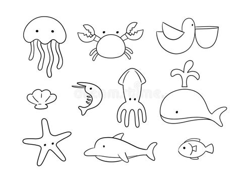 Doodle Set of Sea Creatures on White Background. Cute Doodle Line Objects for Kids that Can Use ...