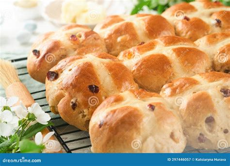 Easter Hot Cross Buns Traditional Easter Treats Cross Buns With Raisins Butter Chocolate