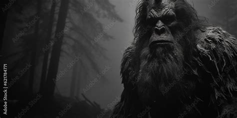 Black And White Portrait Of A Bigfoot Wood Ape In A North American