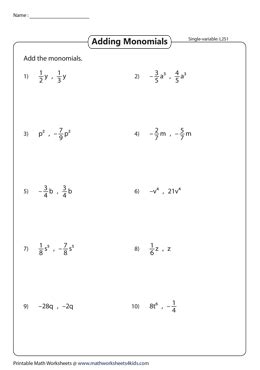 Adding Monomials Worksheets