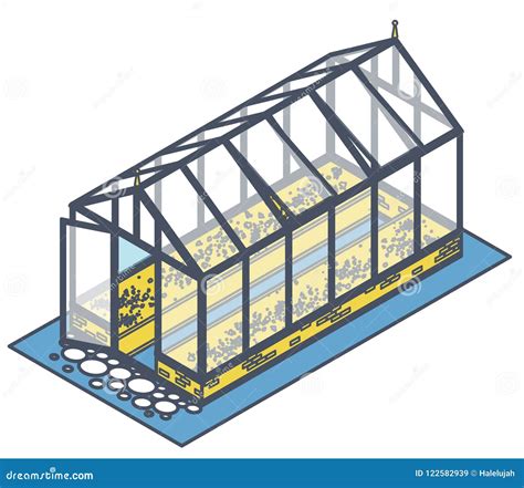 Outlined Isometric Greenhouse With Glass Walls Foundations Garden Bed