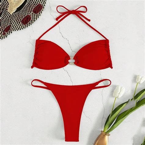 Womens Red Halter Neck Bikini Swimwear Set On Luulla