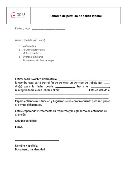 Carta De Permiso Laboral Fecha Y Lugar Asunto Señale Con Una X O