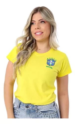 T Shirt Baby Look Feminina Brasil Copa Escudo Bordado MercadoLivre