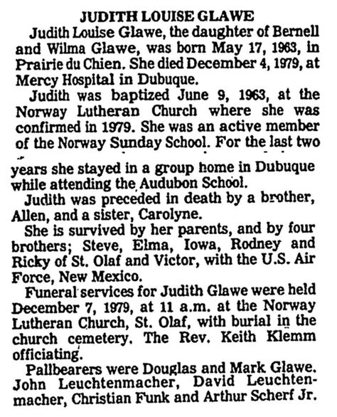 Judith Louise Glawe 1963 1979 Find A Grave Memorial