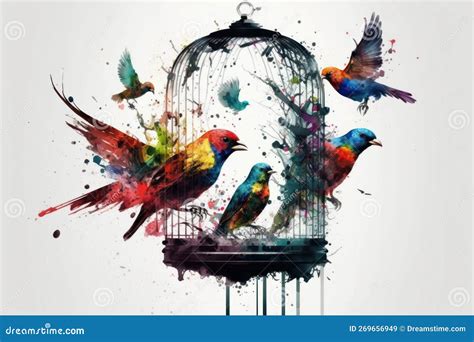 Freedom Concept The Birds Flew Out Of Cage Colorful Splash Painting