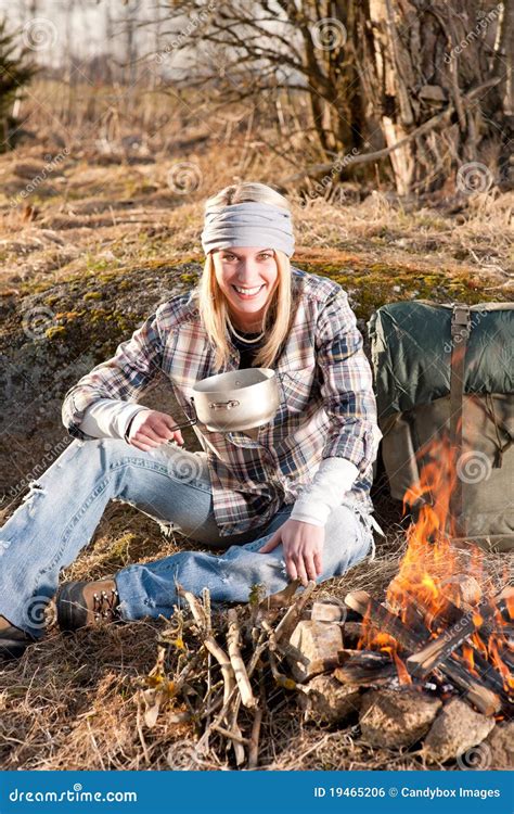 Campfire Hiking Woman With Backpack Cook Stock Photo Image Of Leisure