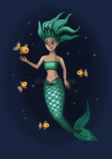 Little mermaid with fish stock illustration. Illustration of imythology ...