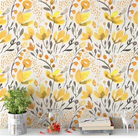 Hand Painted Yellow Flowers Peel And Stick Wallpaper Removable Etsy