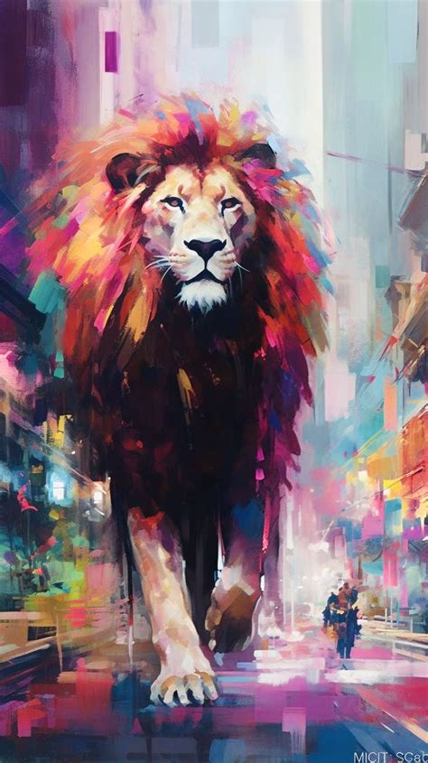 A Painting Of A Lion Walking Down The Street