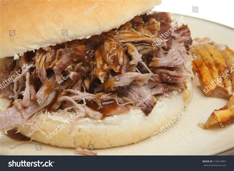 Pulled Pork Hog Roast Sandwich Crackling Stock Photo 116013907