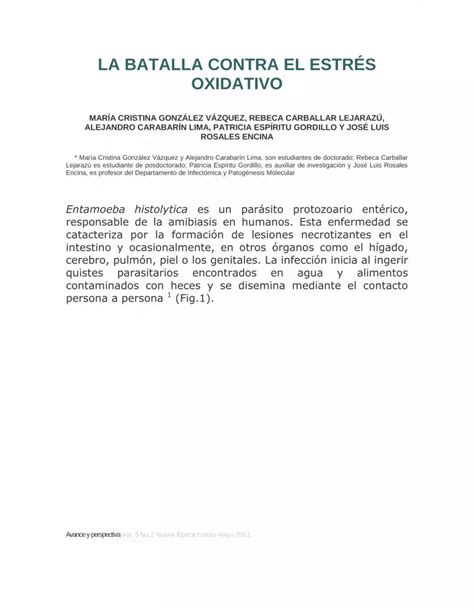 Pdf Entamoeba Histolytica Y Peroxirredoxinas La Batalla Contra El EstrÉs Oxidativo Dokumentips