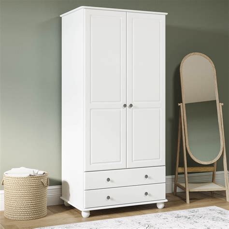 White 2-Door Double Wardrobe with Drawers - Hampton - Furniture123