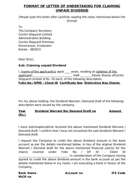 At Of Letter Of Undertaking For Claiming Unpaid Dividend Doc Template