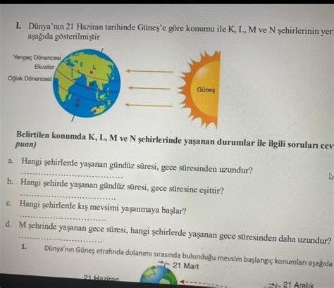 1 Dünya nın 21 Haziran tarihinde Güneş e göre konumu ile K L M ve N