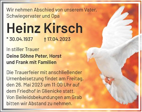 Traueranzeigen Von Heinz Kirsch M Rkische Onlinezeitung Trauerportal