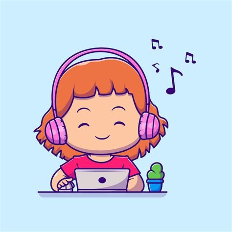 Premium Vector Cute Girl Listening Music On Laptop With Headphone Cartoon Vector Icon