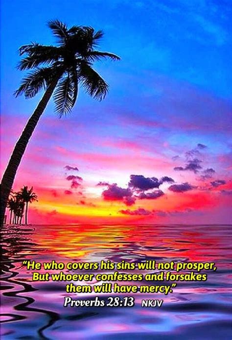 A Palm Tree In The Water With A Sunset Behind It And A Bible Verse Written Below