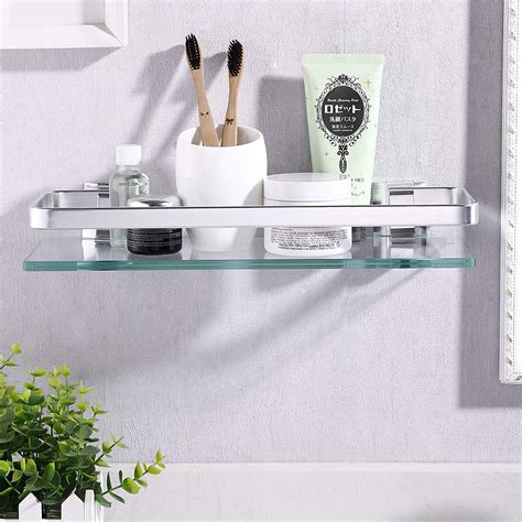 Kes Aluminum Bathroom Glass Shelf Tempered Glass Rectangular 1 Tier Extra Thick Silver Sand