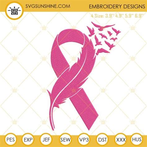 Pink Ribbon With Feather And Birds Embroidery Designs Breast Cancer