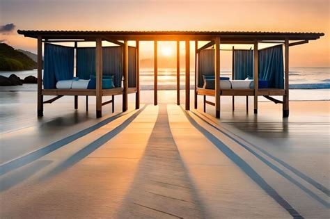 Premium Ai Image A Row Of Lounge Chairs On A Pier With The Sun