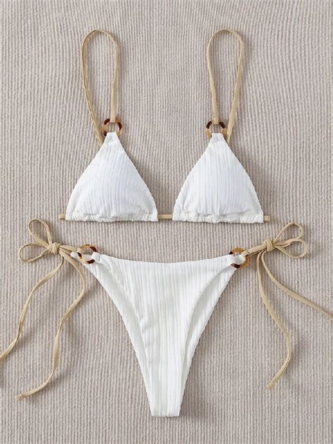 2023 Sexy Bikini Set Cute White Plain Ring Linked Spaghetti Strap