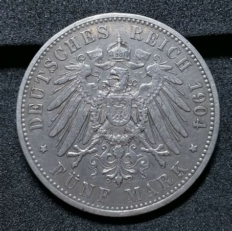 5 Fünf Mark Deutsches Reich 1904 F Wilhelm II König Wuerttemberg Silber