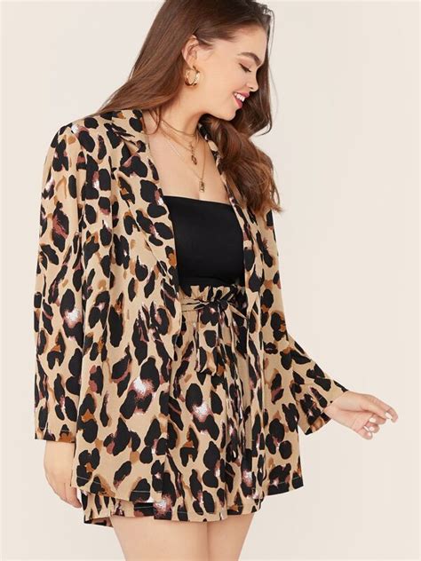 SHEIN LUNE Plus Leopard Print Notch Collar Blazer Belted Shorts Set