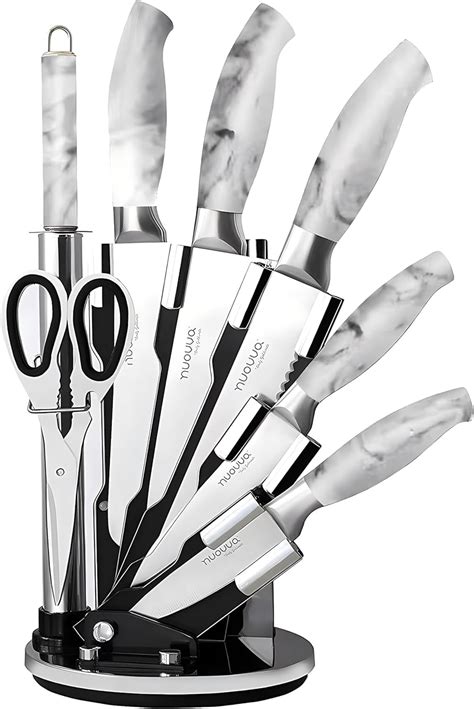 Kitchen Knife Set With Block 8pcs White Marble Knife Block Set