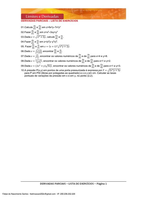 Derivadas Parciais Lista Exercícios Pdf Pressão