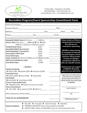 Fillable Online Recreation Program Event Sponsorship Commitment Form