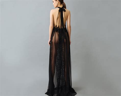 Long Black See Through Nightgown With Lace F41 Sheer Etsy