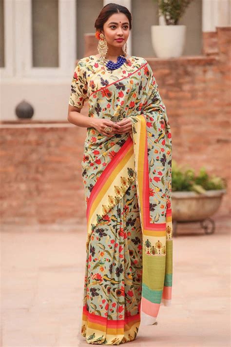 Stylish Multi Flower Printed Design Heavy Linen Cotton Saree Saree Floral Print Sarees