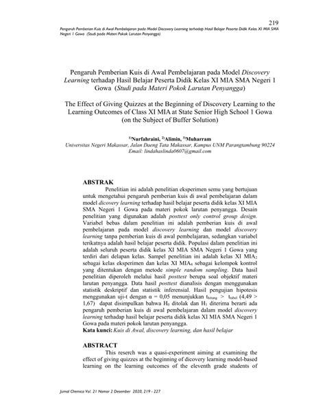 Pdf Pengaruh Pemberian Kuis Di Awal Pembelajaran Pada Model Discovery