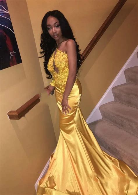 Sexy African Yellow Mermaid Prom Dresses 2018 Cut Out Lace Appliques