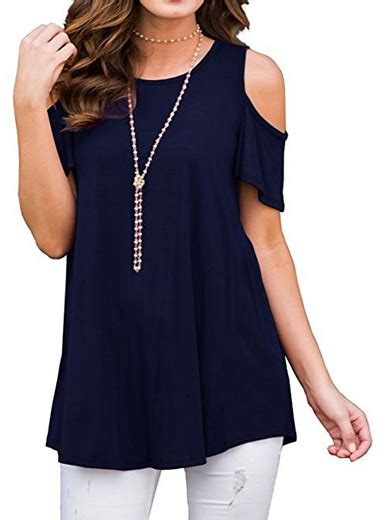 Women S Cold Shoulder Tunic Top Ruffled Sleeves Navy Blue